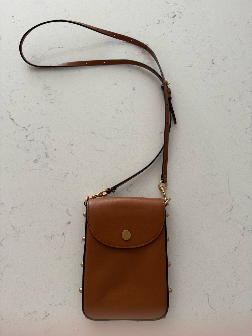 Rebecca Minkoff Tan Pebble Leather Crossbody Phone Bag with Gold Studs